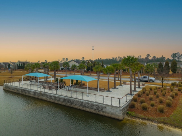 exterior space with a water view