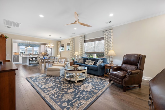 living room with crown molding, plenty of natural light, dark hardwood / wood-style floors, and ceiling fan with notable chandelier