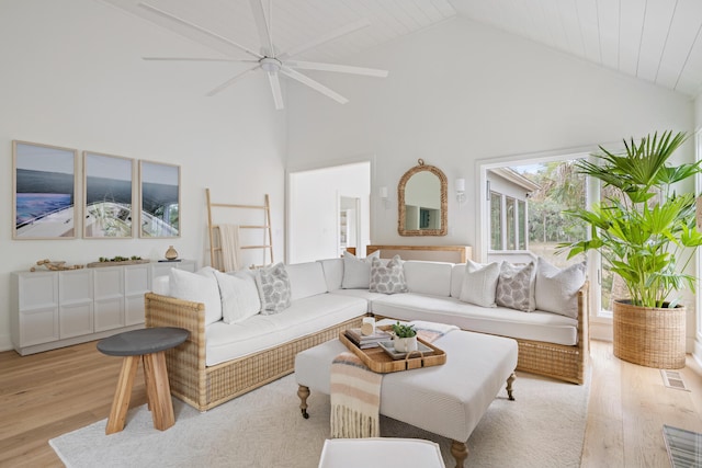 living room featuring ceiling fan, wood ceiling, high vaulted ceiling, and light hardwood / wood-style flooring