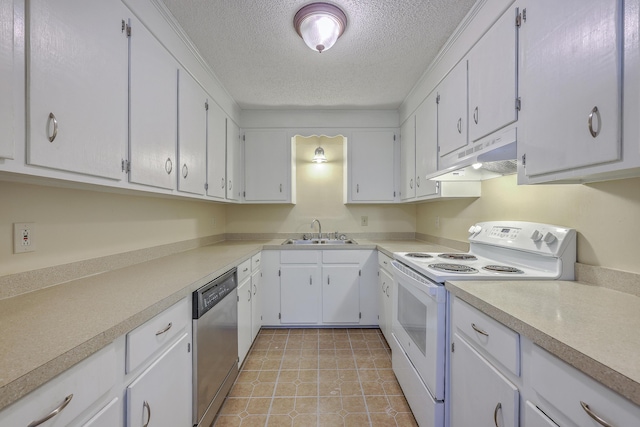 kitchen with white electric range oven, a sink, light countertops, under cabinet range hood, and dishwasher