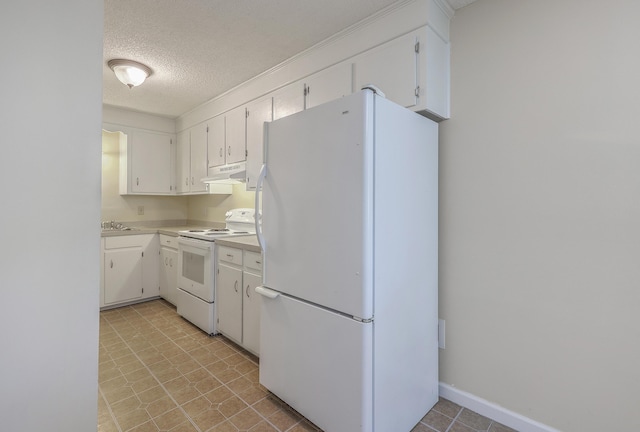 kitchen with under cabinet range hood, white appliances, a textured ceiling, and white cabinetry