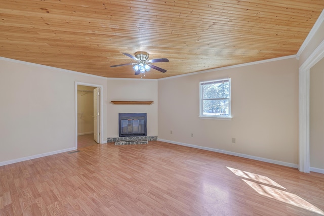 unfurnished living room with wooden ceiling, crown molding, and light wood-style floors