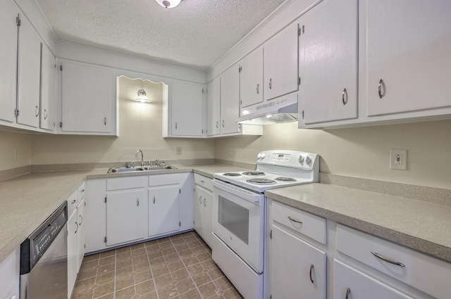 kitchen featuring under cabinet range hood, a sink, stainless steel dishwasher, a textured ceiling, and white electric stove