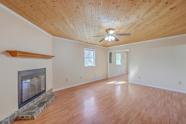 unfurnished living room featuring light wood finished floors, a glass covered fireplace, wooden ceiling, and ornamental molding