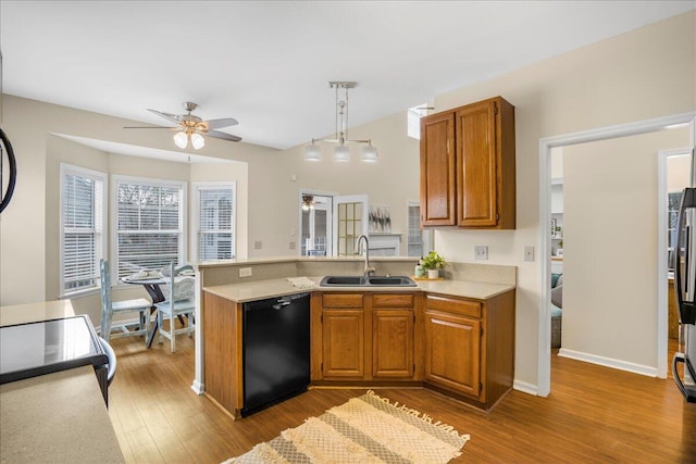 kitchen with black appliances, sink, light hardwood / wood-style flooring, pendant lighting, and ceiling fan