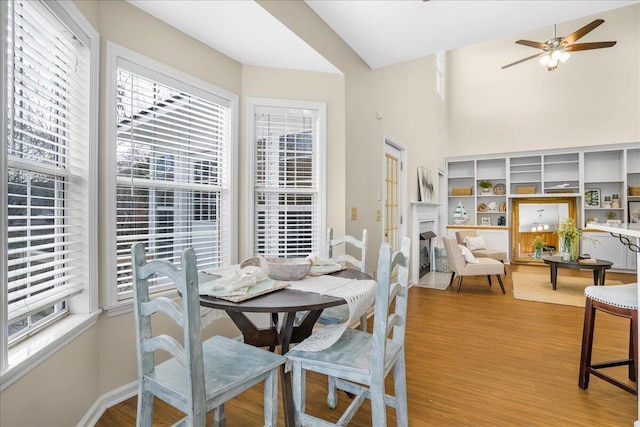 dining space featuring hardwood / wood-style flooring and ceiling fan