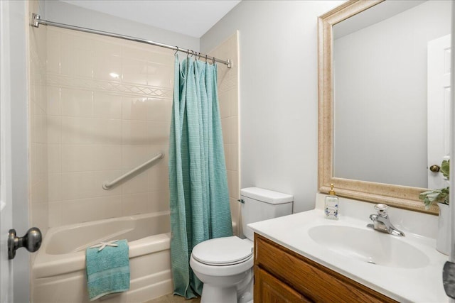 full bathroom featuring toilet, shower / tub combo, and vanity