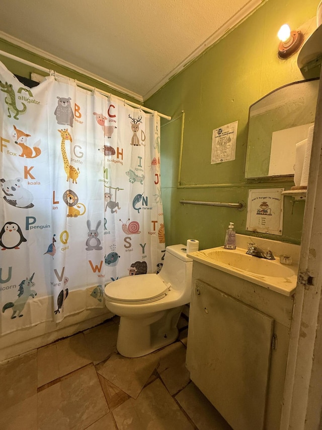715 Yew St, Charleston, SC 29407 - bathroom featuring toilet, tile patterned flooring, vanity, shower / tub combo with curtain, and a textured ceiling