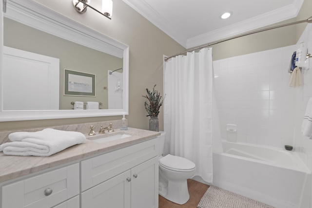 full bathroom featuring toilet, crown molding, shower / tub combo with curtain, hardwood / wood-style flooring, and vanity