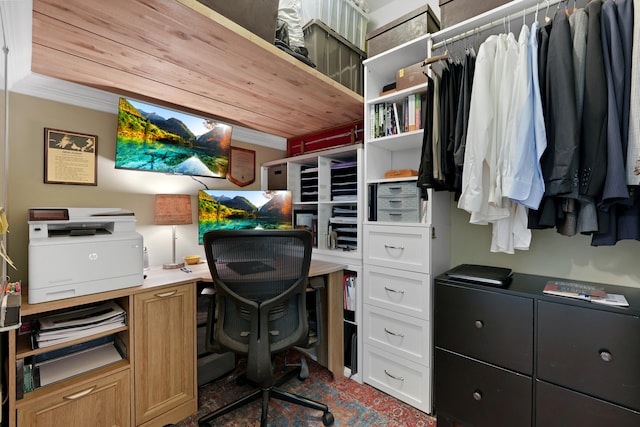 home office with crown molding