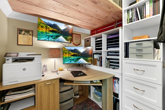 office area featuring crown molding and wooden ceiling