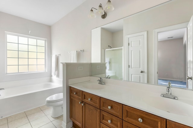 full bathroom with tile patterned flooring, vanity, toilet, and plus walk in shower