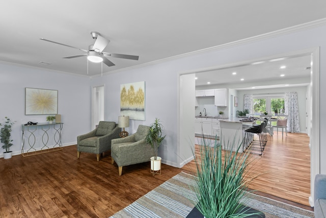 7239 Commodore Rd, Hollywood, SC 29449 - living area featuring light wood-style floors, ceiling fan, baseboards, ornamental molding, and recessed lighting