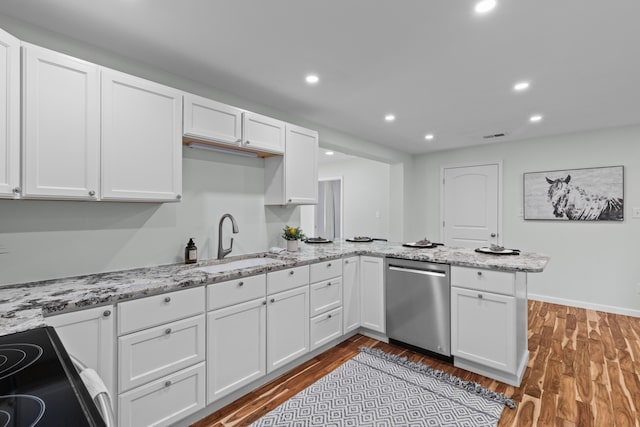 7239 Commodore Rd, Hollywood, SC 29449 - kitchen featuring dishwasher, a sink, white cabinets, dark wood finished floors, and recessed lighting
