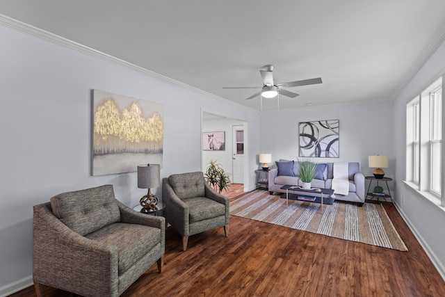 7239 Commodore Rd, Hollywood, SC 29449 - living room featuring wood finished floors, a ceiling fan, baseboards, and crown molding