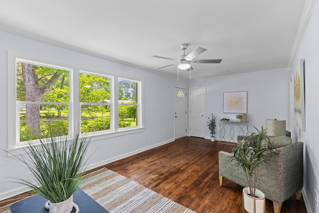 7239 Commodore Rd, Hollywood, SC 29449 - living area featuring wood finished floors, baseboards, ornamental molding, and ceiling fan