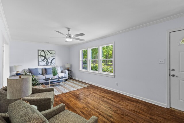7239 Commodore Rd, Hollywood, SC 29449 - living area featuring crown molding, baseboards, a ceiling fan, and wood finished floors