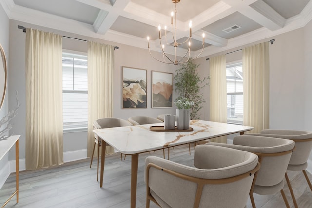 478 Rowley Ln, Summerville, SC 29486 - dining space featuring visible vents, an inviting chandelier, beamed ceiling, coffered ceiling, and light wood-style floors