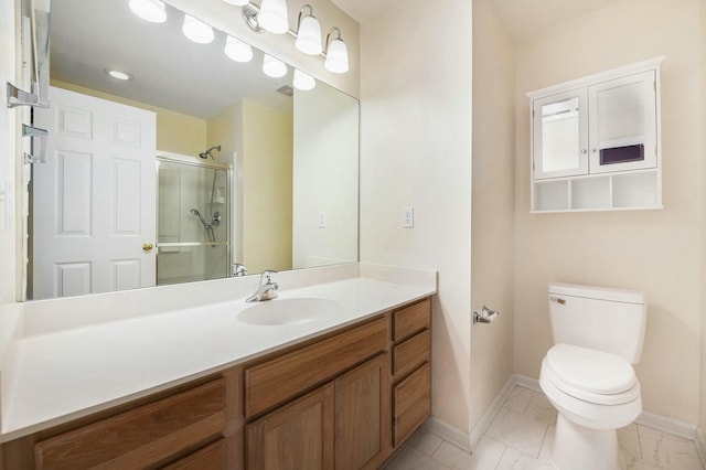 full bathroom with a shower stall, vanity, toilet, marble finish floor, and baseboards