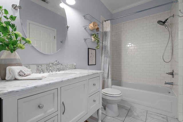 full bathroom featuring vanity, shower / bath combo, toilet, and crown molding