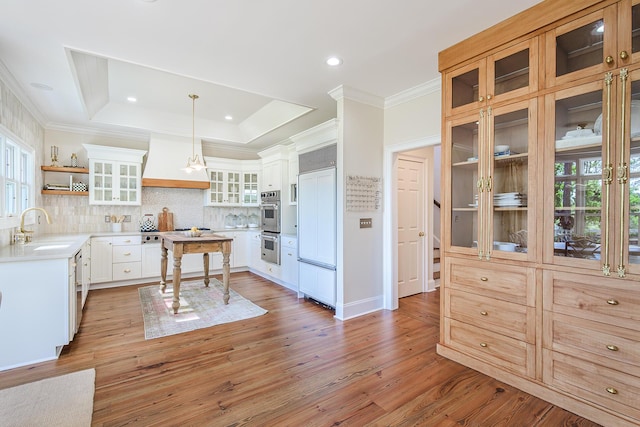 3130 Pignatelli Cres, Mount Pleasant, SC 29466 - kitchen featuring a sink, custom exhaust hood, light wood-style floors, backsplash, and open shelves