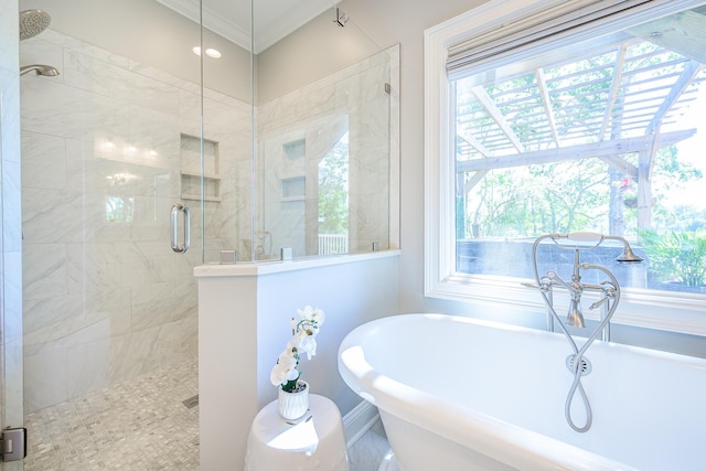 3130 Pignatelli Cres, Mount Pleasant, SC 29466 - full bathroom with a shower stall, a freestanding tub, and ornamental molding