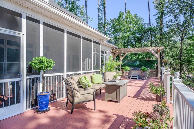 3130 Pignatelli Cres, Mount Pleasant, SC 29466 - wooden deck featuring a hot tub, a sunroom, an outdoor hangout area, and a pergola