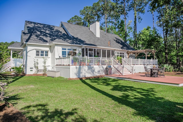 3130 Pignatelli Cres, Mount Pleasant, SC 29466 - back of house featuring a sunroom, a pergola, a wooden deck, stairway, and a chimney