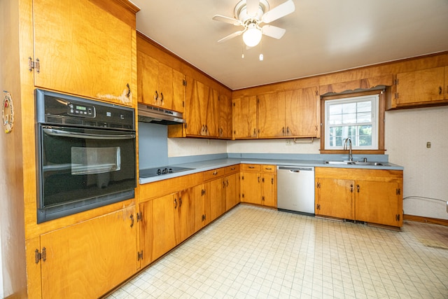 kitchen featuring black appliances, sink, and ceiling fan