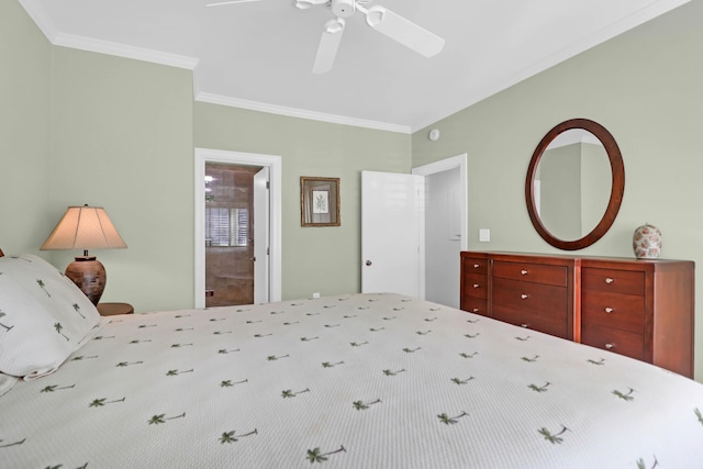 bedroom featuring connected bathroom, a ceiling fan, and ornamental molding