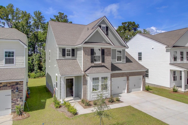 view of front of property featuring board and batten siding, concrete driveway, roof with shingles, and a front lawn