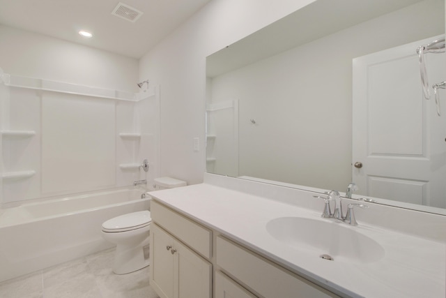 bathroom featuring shower / bathtub combination, visible vents, toilet, vanity, and tile patterned floors