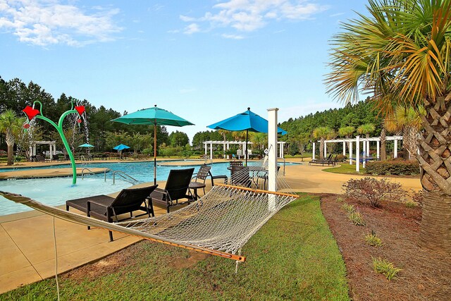 pool with a patio area and a pergola