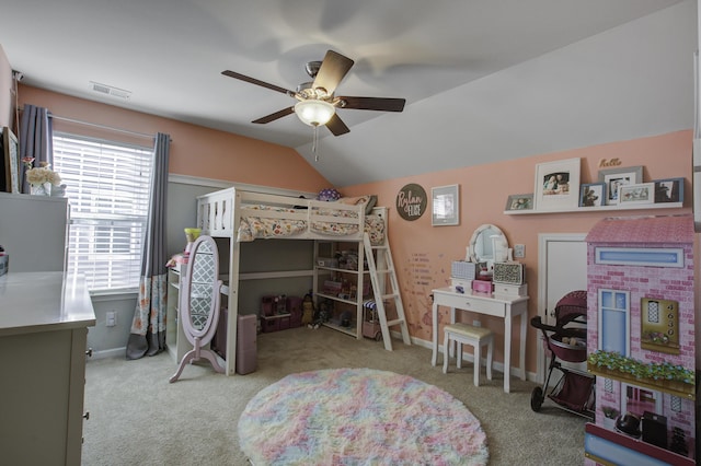 bedroom with lofted ceiling, light carpet, and ceiling fan