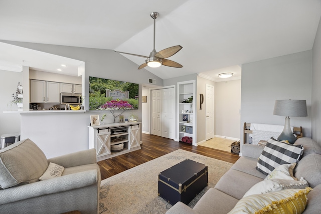 700 Daniel Ellis Dr Unit 10305, Charleston, SC 29412 - living area featuring dark wood-style flooring, a ceiling fan, vaulted ceiling, baseboards, and recessed lighting