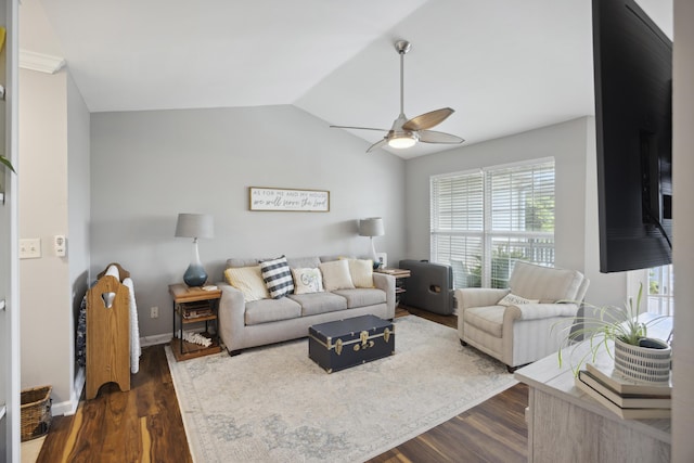 700 Daniel Ellis Dr Unit 10305, Charleston, SC 29412 - living area featuring healthy amount of natural light, a ceiling fan, dark wood-style floors, vaulted ceiling, and baseboards