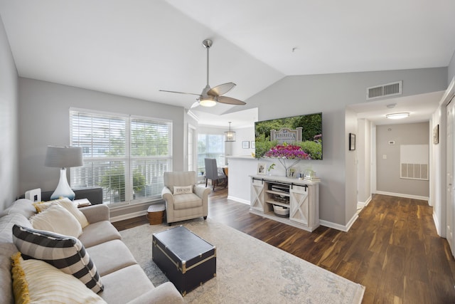700 Daniel Ellis Dr Unit 10305, Charleston, SC 29412 - living room featuring dark wood finished floors, vaulted ceiling, a ceiling fan, and baseboards