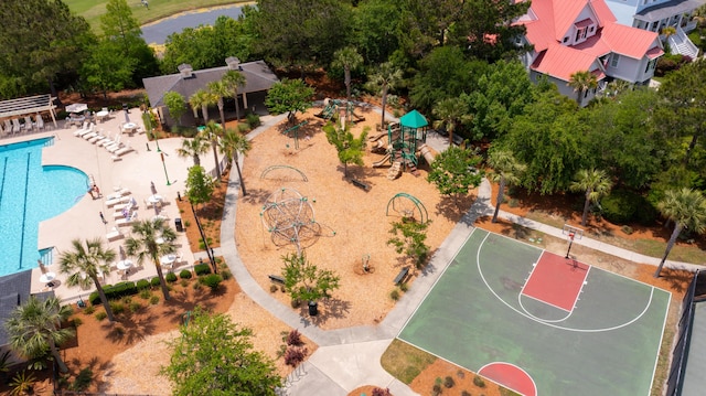 bird's eye view of a pool area and a park