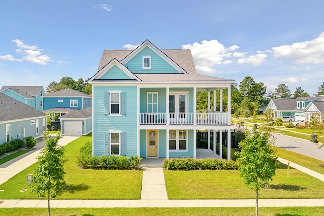 view of front of house featuring a balcony, a porch, and a front lawn