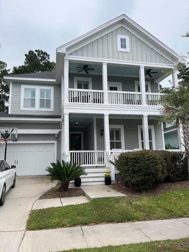 view of front of house featuring ceiling fan, covered porch, and a balcony