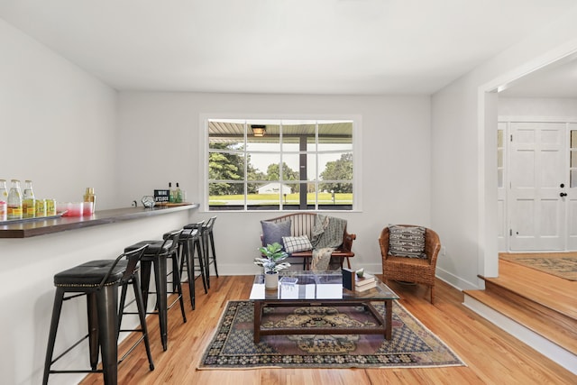 living area featuring baseboards and wood finished floors