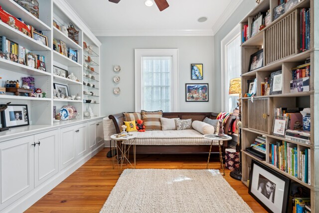 living area featuring ceiling fan, light wood-type flooring, and crown molding