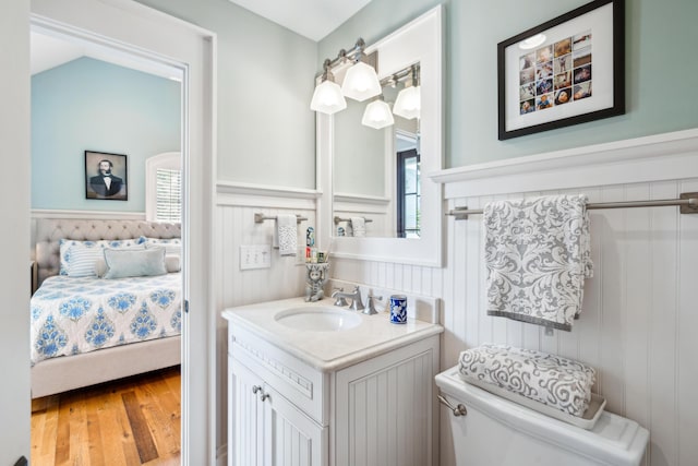 bathroom with wood finished floors, toilet, vanity, and wainscoting