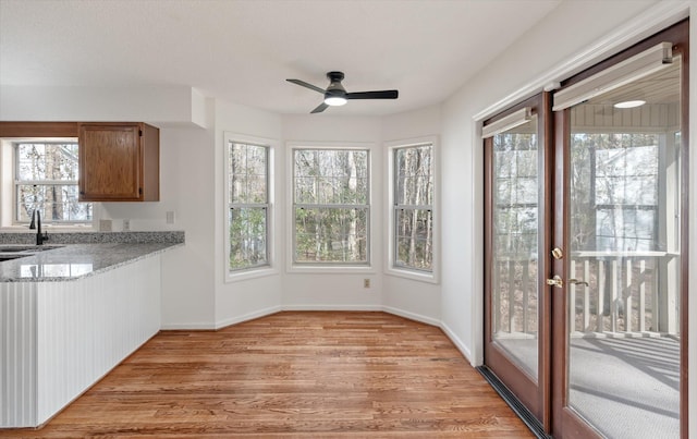 interior space with ceiling fan, a healthy amount of sunlight, and sink