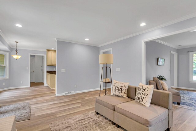 living room with light wood-type flooring and crown molding