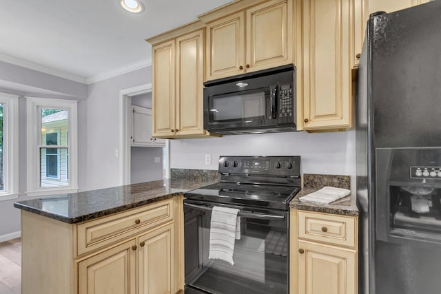 kitchen featuring dark stone countertops, light hardwood / wood-style flooring, black appliances, kitchen peninsula, and ornamental molding