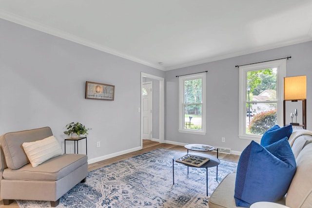 living room featuring crown molding and hardwood / wood-style flooring