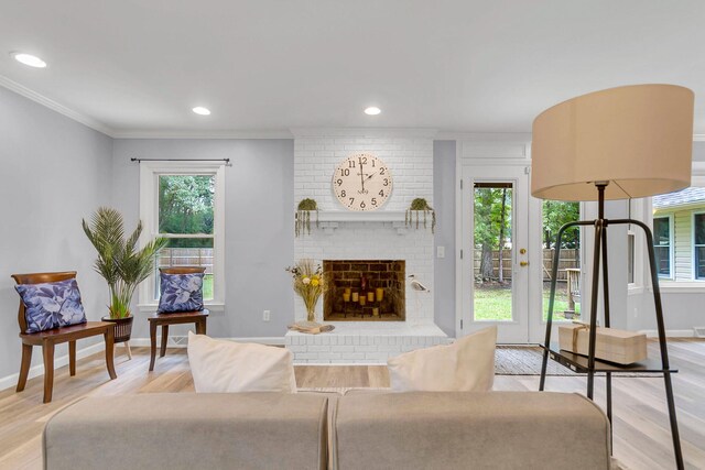 living room featuring light wood-type flooring, a wealth of natural light, and a fireplace