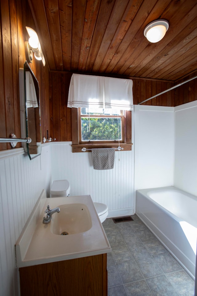 full bathroom featuring wood walls, vanity, toilet, and wooden ceiling