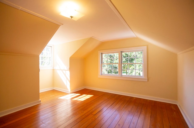 bonus room with hardwood / wood-style flooring, lofted ceiling, and plenty of natural light